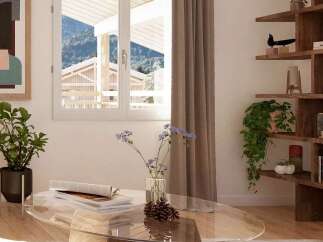Experience modern living in this beautifully designed space, featuring a large window that floods the room with natural light and offers stunning mountain views.