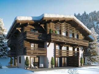 Experience the ultimate winter retreat in this stunning chalet, nestled amidst snow-covered pine trees.