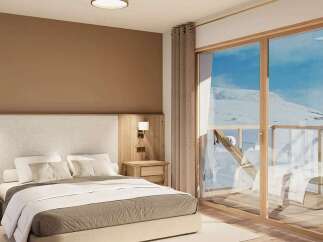 Experience luxury mountain living in this stunning bedroom featuring a plush king-sized bed and elegant bedside tables.