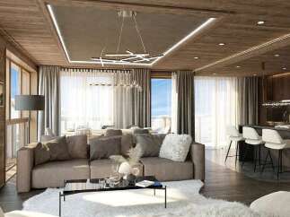 Experience luxury mountain living in this stunning alpine retreat, featuring a spacious open-concept living area with a modern sectional sofa and a sleek kitchen island with bar stools.