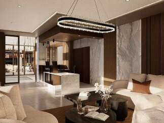 Experience luxury and comfort in this modern lobby featuring a sleek reception desk and elegant seating areas.