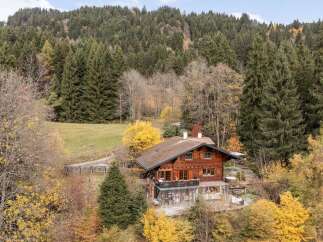Nestled amidst a vibrant autumn forest, this charming wooden chalet offers a serene mountain retreat.