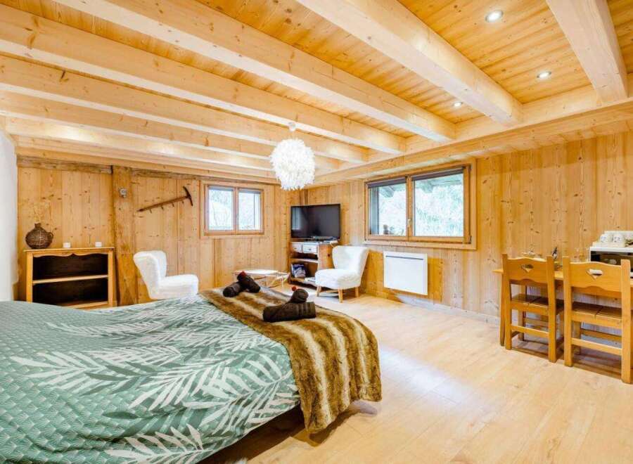 Experience cozy mountain living in this charming studio apartment, featuring a comfortable bed, a compact kitchenette with a microwave and kettle, and a dining area perfect for two.