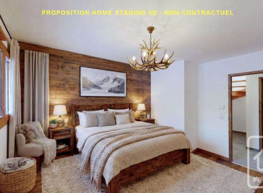 Experience rustic charm in this cozy bedroom, featuring a luxurious king-size bed adorned with plush bedding and a chunky knit throw.