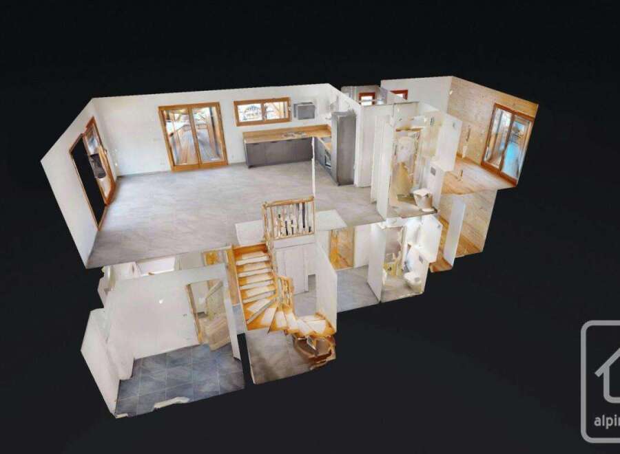 Explore this stunning 3D virtual tour of a modern property, showcasing an open-plan living area with a sleek kitchen and ample natural light.