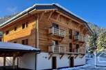 Experience the charm of alpine living in this stunning wooden chalet, nestled amidst snow-covered mountains.