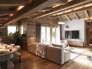 Experience luxurious mountain living in this stunning chalet-style living and dining area.