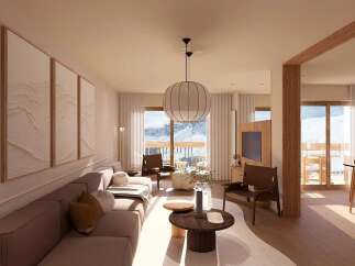 Experience luxury mountain living in this stunning living room, featuring a plush sectional sofa and three textured wall art pieces depicting serene mountain landscapes.