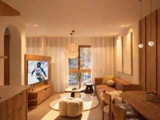 Experience modern alpine living in this beautifully designed open-concept space, featuring a sleek kitchen, a cozy living area with a large TV, and a dining space perfect for gatherings.
