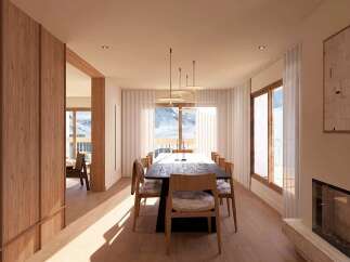 Experience luxurious mountain living in this stunning dining room, featuring a grand wooden table perfect for gatherings and large windows offering breathtaking snowy vistas.
