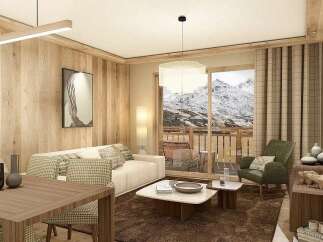 Experience luxury mountain living in this beautifully appointed living room, featuring a cozy seating area with a plush sofa and armchair, perfect for relaxing after a day on the slopes.