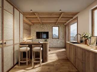Experience rustic luxury in this mountain retreat, featuring a stunning stone accent wall and exposed wooden beams that create a warm, inviting atmosphere.