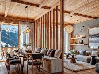 Experience luxurious mountain living in this stunning alpine retreat, featuring a spacious dining area with breathtaking panoramic views of snow-capped peaks.