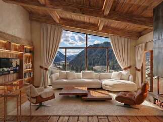 Experience luxury mountain living in this stunning chalet-style living room, featuring a grand fireplace and expansive windows with breathtaking alpine views.