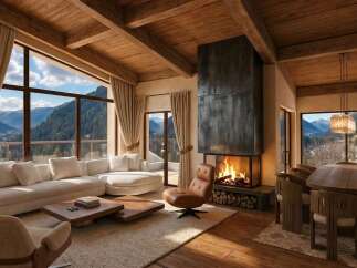 Experience luxury mountain living in this stunning alpine retreat, featuring expansive windows with breathtaking panoramic views of snow-capped peaks and a charming village below.