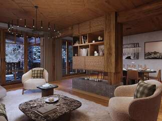 Experience luxurious mountain living in this stunning living and dining area, featuring a modern fireplace and floor-to-ceiling windows offering breathtaking winter views.