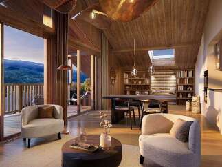 Experience luxurious mountain living in this stunning chalet-style residence, featuring a spacious open-concept living area with a vaulted wooden ceiling and breathtaking panoramic views.