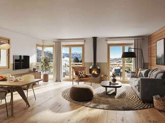 Experience cozy living in this modern mountain retreat, featuring a stylish open-plan living area with a suspended fireplace and stunning panoramic views of snow-capped mountains.