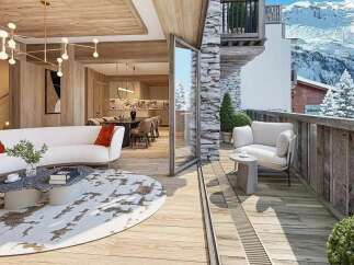 Experience luxury mountain living with this stunning apartment featuring a spacious living area and a modern kitchen.