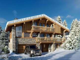 Experience luxury mountain living in this stunning chalet, featuring a harmonious blend of natural stone and warm wood accents.