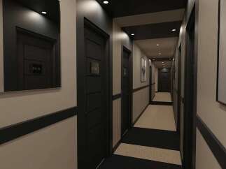 Step into this modern and sleek hallway, featuring dark wood doors with subtle numbering like 'B06' and '208'.