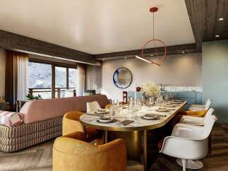 Experience luxurious mountain living in this stunning dining and living area, featuring a spacious marble-topped dining table perfect for entertaining.