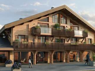 Experience modern alpine living in this stunning wooden building, featuring multiple balconies with glass railings and ample natural light.