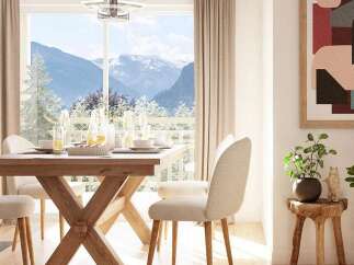 Experience breathtaking mountain views from this elegant dining area, perfect for enjoying meals with a stunning backdrop.