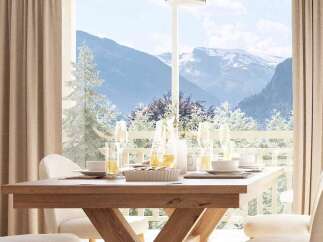 Enjoy breathtaking mountain views from this elegant dining area, perfect for creating lasting memories.