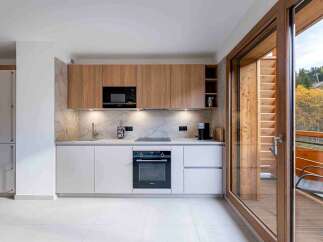 Experience modern living in this sleek kitchen featuring a built-in microwave, induction stovetop, and oven.