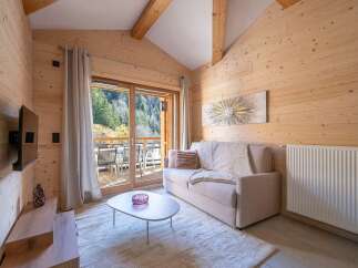 Experience cozy living in this charming wooden-paneled living room, featuring a comfortable sofa, a modern coffee table, and a large sliding glass door that opens to a scenic balcony with mountain views.