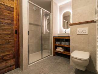 Experience modern comfort in this beautifully appointed bathroom, featuring a spacious walk-in shower with sleek glass doors and a rainfall showerhead.