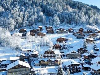 Experience the charm of a winter wonderland with this stunning alpine village nestled amidst snow-covered trees.