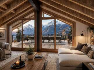 Experience breathtaking mountain views from this stunning chalet-style living room.