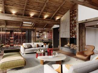 Experience luxury mountain living in this stunning chalet, featuring a grand living area with a roaring fireplace and exposed wooden beams.
