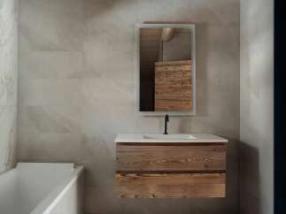 Experience modern bathroom design with this sleek vanity featuring a rustic wooden finish and a clean white countertop.