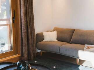Experience modern comfort in this living space, featuring a plush gray sofa adorned with a fluffy white accent pillow.