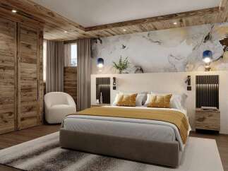 Experience luxury mountain living in this stunning bedroom, featuring a cozy king-size bed with plush bedding and accent pillows.