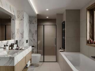 Experience luxury in this modern bathroom featuring a stunning marble vanity with dual sinks and sleek black fixtures.