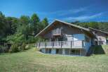 Experience the charm of this alpine chalet, nestled amidst lush greenery and under a clear blue sky.