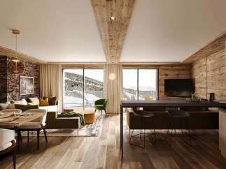 Experience luxurious mountain living in this stunning open-concept living space, featuring a modern dining area, a cozy lounge with a fireplace, and a sleek kitchen island perfect for entertaining.