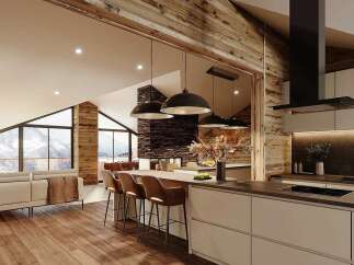 Experience luxury mountain living in this stunning open-concept home, featuring a modern kitchen with sleek cabinetry and a spacious island perfect for entertaining.