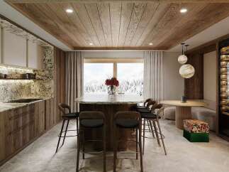 Experience luxury mountain living in this stunning kitchen and dining area, featuring a spacious island with bar seating and a cozy banquette.