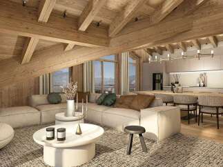 Experience luxurious mountain living in this stunning open-concept living and dining area, featuring a vaulted wooden beam ceiling and expansive windows with breathtaking views.