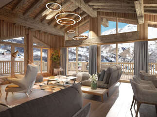 Experience the ultimate alpine retreat in this luxurious mountain chalet, boasting a stunning stone fireplace and expansive windows that frame breathtaking snowy vistas.