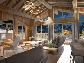 Experience luxury mountain living in this stunning chalet, featuring a cozy stone fireplace and expansive windows with breathtaking alpine views.