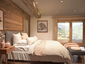 Experience rustic luxury in this charming mountain bedroom, featuring exposed wooden beams and a cozy ambiance.