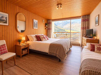 Experience breathtaking mountain views from this charming alpine bedroom.