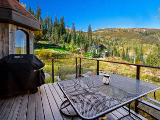 Enjoy breathtaking mountain views from this charming cabin deck, complete with a Weber grill for outdoor cooking.