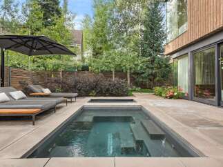 Experience luxury outdoor living with this stunning backyard featuring a modern plunge pool and hot tub.